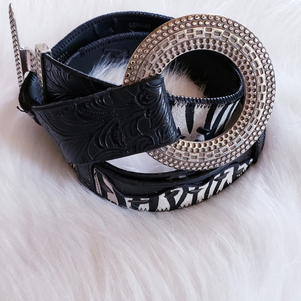 Genuine Leather Zebra Pattern Western Belt Silver